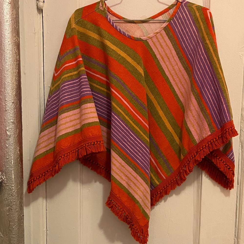 Vintage 70s Heavy cotton Colorful Striped Poncho with Fringe